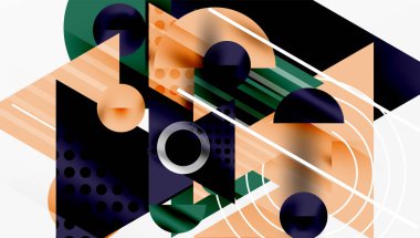 Soyut geometrik bileşim. Şekiller çakışıyor, dinamik görsel etki yaratıyor. Renkler turuncu, yeşil, donanma, beyaz. Modern tasarım.