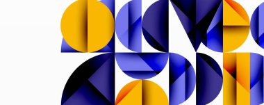 Soyut geometrik şekiller, canlı renkler, üst üste binen şekiller modern tasarım yaratır. Sarı, mavi baskın kompozisyon. Minimalist estetik.