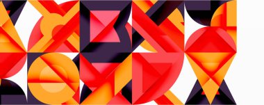 Soyut geometrik bileşim. Kalın şekiller, canlı turuncu, kırmızı renkler egemen. Minimalist tasarım, modern estetik. Temiz çizgiler, dinamik desen.