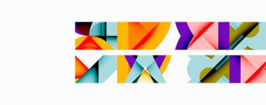 Soyut geometrik şekiller çakışıyor, renkli desenler yaratıyor. Parlak renkler kompozisyona hakim, modern tasarım elementleri.