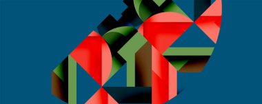 Soyut geometrik şekiller örtüşür, dinamik bileşim yaratır. Kırmızı, yeşil, siyah renkler, deniz mavisi ile tezat oluşturuyor. Modern tasarım.