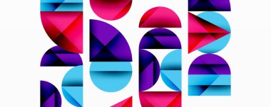 Soyut geometrik bileşim. Canlı renkler, üst üste binen şekiller modern görsel efektler yaratır. Temiz tasarım, minimalist estetik.