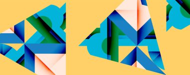 Soyut geometrik şekiller örtüşür, dinamik bileşim yaratır. Mavi, yeşil, şeftali renkleri sarı arka plana hakim. Modern tasarım.