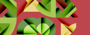 Soyut geometrik şekiller örtüşür ve canlı bir bileşim yaratır. Yeşil, sarı, kestane rengi baskın tasarım. Modern estetik.