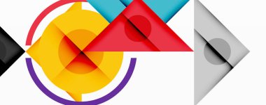 Soyut geometrik bileşim. Üst üste binen daireler, üçgenler, kareler dinamik görsel efekt yaratır. Parlak renkler gri tonlarla karşıtlık.