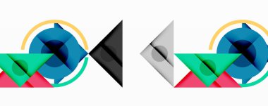 Soyut geometrik bileşim. Çemberler, üçgenler, şekiller modern görsel tasarım yaratarak örtüşüyor. Minimalist tarz, parlak renkler sunar.