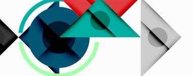 Soyut geometrik bileşim. Üst üste binen şekiller, dinamik görsel ilgi yaratır. Renkler arasında deniz mavisi, kırmızı, gri, beyaz. Modern tasarım elemanları.