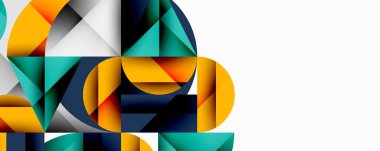 Soyut geometrik şekiller örtüşür, dinamik bileşim yaratır. Renkler arasında deniz mavisi, altın, donanma ve beyaz alan var. Modern tasarım.