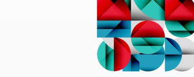 Soyut geometrik şekiller, kırmızı, yeşil, beyaz. Üst üste binen daireler, üçgenler, dikdörtgenler modern tasarım yaratır. Minimalist kompozisyon.