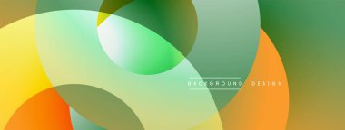 Soyut renkli çakışan daireler dinamik arkaplan oluşturur. Renkli gölgeler sarı, yeşil ve turuncu renkleri harmanlıyor. Modern tasarım ögesi.
