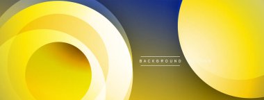 Soyut tasarım katmanlı daireler, gradyanlar içerir. Sarı, mavi renkler kompozisyona hakim. Minimalist tarz, modern estetik.