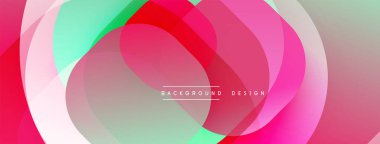 Soyut canlı katmanlar dinamik bileşim yaratır. Pembe, kırmızı, yeşil renkler karışıp sıvı şekiller oluşturuyor. Modern tasarım ögesi.