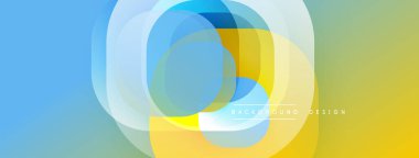 Soyut renkli arkaplan. Üst üste binen yuvarlak şekiller dinamik görsel efekt yaratır. Değişim aşamaları mavi, sarı, yeşil renkleri harmanlıyor.