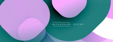 Soyut şekiller örtüşür, katmanlı etki yaratır. Teal, lavanta, pembe renkler kompozisyona hakim. Minimalist metin mevcut. Modern tasarım ögesi.