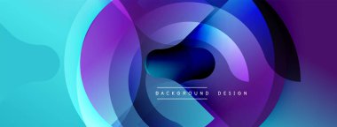 Soyut daireler örtüşüyor, parlak mavi ve mor renkler yaratıyor. Modern tasarım teknoloji, yenilik, dinamik enerji öneriyor.