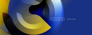 Soyut tasarım katmanlı daireler, canlı mavi, sarı renkler içerir. Modern estetik, temiz çizgiler, uygun afiş veya arkaplan.