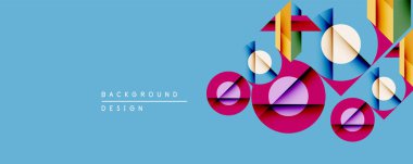 Soyut geometrik bileşim. Üst üste binen daireler, dikdörtgenler dinamik görsel efekt yaratır. Parlak renkler mavi arkaplan ile tezat oluşturur. Modern tasarım ögesi.