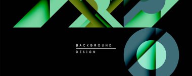 Soyut geometrik bileşim. Üst üste binen şekiller, siyah zemin üzerinde yeşil, altın ve gri renkler kullanarak derinlik yaratır. Dijital projeler için modern tasarım ögesi.