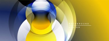 Soyut arkaplan özellikleri katmanlı çemberler, gradyanlar. Sarı, mavi, gri tonlar modern görsel efekt yaratır. Düz geçişler tasarıma hükmediyor.