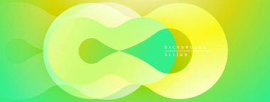 Soyut gradyan şekiller çakışıyor, dinamik görsel etki yaratıyor. Parlak sarı, yeşil renkler kompozisyona hakim. Modern tasarım ögesi.