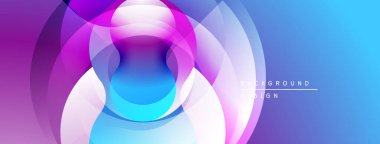 Soyut renkli daireler çakışıyor, dinamik görsel efekt yaratıyor. Gradyan tonları mor, mavi ve cyan renklerini harmanlıyor. Modern tasarım ögesi.
