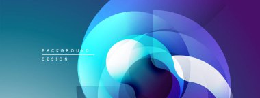 Soyut tasarım özellikleri üst üste binen şeffaf daireler. Mavi, mor renkler modern görsel efektler yaratır. Gradyan geçişleri dinamik bileşimi sunar.