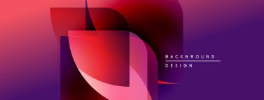 Soyut gradyan şekiller çakışıyor, dinamik görsel etki yaratıyor. Mor, kırmızı renkler tasarıma hakim, modern estetik.