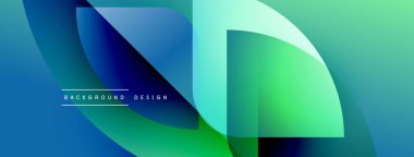 Soyut geometrik şekiller mavi ve yeşil renkleri harmanlarlar. Modern tasarım üst üste binen katmanlar, gradyan etkiler içerir. Mevcut en küçük metin.