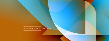 Soyut geometrik şekiller örtüşüyor, canlı renk eğimleri yaratıyor. Tasarım sıcak kahverengiler, havalı maviler, yumuşak beyazlar içeriyor. Modern estetik.