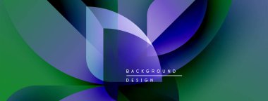 Soyut tasarım özellikleri üst üste binen şekiller, canlı renkler. Yeşil, mavi, mor renkler dinamik görsel efekt yaratır. Modern estetik.