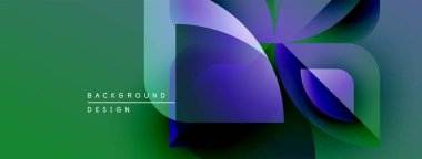 Soyut geometrik şekiller örtüşür, dinamik görsel efekt yaratır. Yeşil, mor renkler kompozisyona hakim. Modern tasarım ögesi.