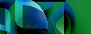 Soyut sıvı şekilleri örtüşür, parlak yeşil ve mavi renkler yaratır. Modern tasarım hareket, enerji, dinamik bileşim öneriyor.