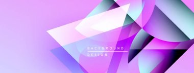 Soyut geometrik şekiller örtüşüyor, canlı mor, mavi renkler yaratıyor. Modern tasarım elementleri dijital sanat ve yenilik öneriyor.