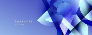 Soyut geometrik şekiller örtüşüyor, canlı mavi gradyanlar yaratıyor. Modern tasarım öğeleri teknoloji, yenilik, gelecek kavramları önerir.