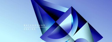 Soyut mavi geometrik şekiller kesişir. Gradyan arkaplan derinlik yaratır, modern tasarım ögesi. Minimalist tarz, mevcut temiz çizgiler.