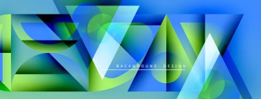 Soyut geometrik şekiller örtüşür, parlak mavi, yeşil eğimler yaratır. Metin resim içinde arkaplan tasarımı okur. Modern görsel kompozisyon.