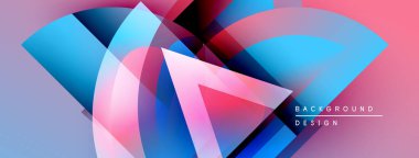 Soyut geometrik şekiller örtüşür, canlı pembeler, maviler, morlar yaratır. Gradyan etkileri olan modern tasarım, dinamik bileşim.