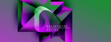 Soyut geometrik şekiller örtüşüyor, canlı mor ve yeşil renkler yaratıyor. Metin arka plan tasarımı okur. Modern, dinamik görsel kompozisyon.