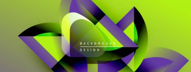 Soyut tasarım canlı yeşil, mor şekillere sahiptir. Üst üste binen katmanlar dinamik görsel efekt yaratır. Metin arkaplan tasarımı okur.