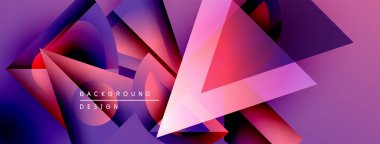 Soyut geometrik şekiller örtüşüyor, canlı mor, pembe renkler yaratıyor. Modern tasarım dinamik çizgiler, gradyanlar içerir.