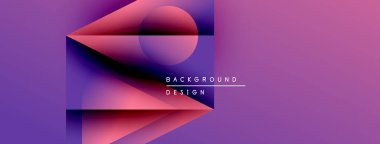 Soyut geometrik şekiller canlı pembeler ve morları harmanlıyor. Modern tasarım katmanlı elementler içerir, metin arka plan tasarımı okur. Yumuşak eğimler derinlik yaratır.