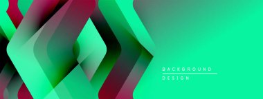 Soyut geometrik arkaplan. Üst üste binen kareler canlı gradyanlar yaratır, yeşilden bordo rengine dönüşürler. Modern tasarım ögesi.