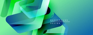 Soyut geometrik şekiller örtüşüyor, canlı yeşil, mavi renkler yaratıyor. Arkaplan, pankart ve sunumlar için modern tasarım ögesi.