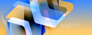Soyut geometrik şekiller örtüşüyor, canlı renk eğimleri yaratıyor. Mavi, turuncu renkler tasarıma egemen, modern estetik.