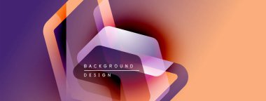 Soyut geometrik şekiller mor ve turuncu renkleri harmanlarlar. Modern tasarım yarı saydam katmanlar ve gradyan etkilere sahiptir. Metin arkaplan tasarımı okur.