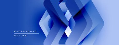 Soyut mavi geometrik şekiller dinamik arkaplan yaratır. Katmanlar örtüşüyor, derinlik öneriliyor, modern tasarım estetiği.
