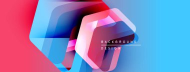 Soyut geometrik şekiller örtüşüyor, parlak mavi ve pembe renkler yaratıyor. Modern tasarım elementleri yenilik ve teknoloji öneriyor.