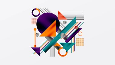 Soyut geometrik bileşim. Şekiller örtüşüyor, dinamik görsel ilgi yaratıyor. Çizgiler, daireler, üçgenler dizaynın hakimi..