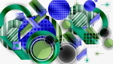 Soyut kompozisyon. Geometrik şekiller örtüşür, dinamik görsel doku yaratır. Mavi, yeşil baskın palet. Modern tasarım elemanları.