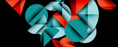 Soyut geometrik şekiller çakışıyor. Teal, kırmızı, açık mavi renkler dinamik kompozisyon oluşturur. Modern tasarım, temiz çizgiler, mevcut gradyanlar.